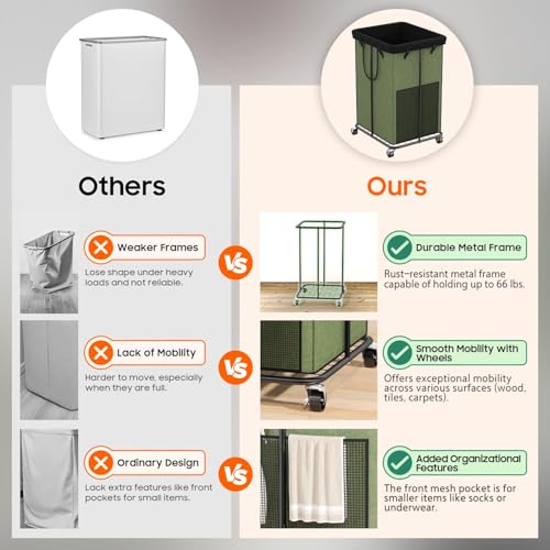 Image of 150L Laundry Hamper with Wheels, Rolling Laundry Basket with Metal Frame and Removable Bag, Large & Tall Dirty Clothes Hampers for Bedroom Aesthetic, Laundry Room, Bathroom, Dorm-Green