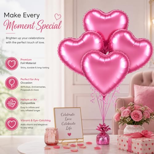Image of Wanna Party Pink Heart Shape Foil Balloons | 18 Inch Heart Foil Balloon Set for Birthday, Anniversary, Valentine & Baby Shower Decoration | Air & Helium Supported | Pack of 4