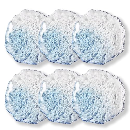 6 pcs Textured Glass Plates Wavy Edge Decorative Clear Modern Hammered Ice Appetizer Plates Set. Glass Serving Tray Dinner Appetizer Artistic Dinnerware Frosted Elegant (Blue, Small (3.5in / 9cm))
