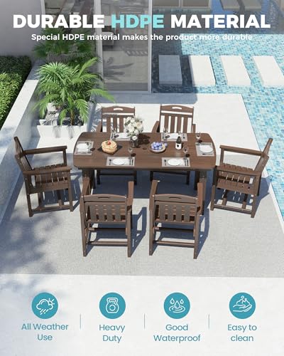 Image of Ciokea HDPE Outdoor Dining Set, 7-Piece Patio Table and Chairs Set with Umbrella Hole, All-Weather Patio Dining Sets for 6, Durable Patio Furniture for Backyard, Garden, Lawn & Poolside, Brown