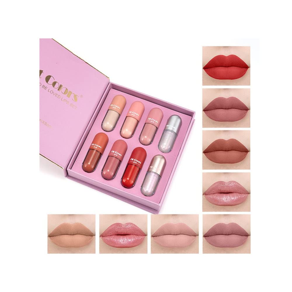 Traje de brillo labial de 8 colores, brillo labial mate y flash, lápiz labial líquido de Copa antiadherente, traje de regalo de maquillaje labial profesional
