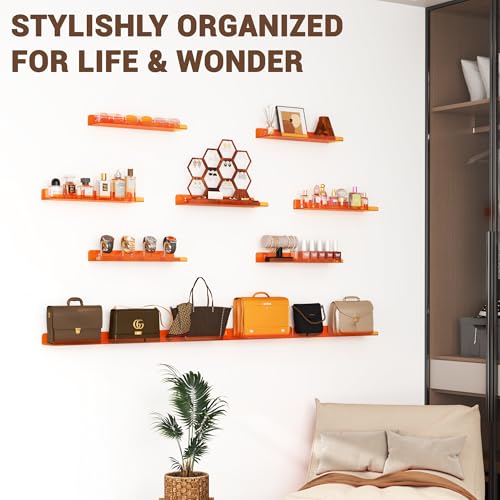 Image of Qukaka Floating Shelves for Wall Decor, 15 inch Wall Shelves for Bedroom, Living Room, Kitchen, Bathroom Decor, Nail Polish /Book /Decoration /Makeup /Perfume Organizer Floating Shelf-3Pack Clear Orange
