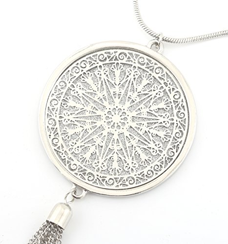Moloch Long Necklaces For Woman Disk Circle Pendant Necklaces Tassel Fringe Necklace Set Statement Pendant (Silver) #TOP2