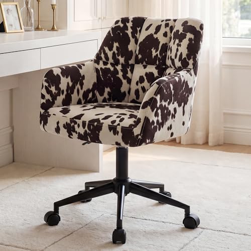 BESTANO Cow Print Desk Chair Velvet Office Chair 360 Swivel Work Chair with Mid Back Support Armrest Adjustable-Height Upholstered Chair for Living Room Bedroom Home Office Cow Print