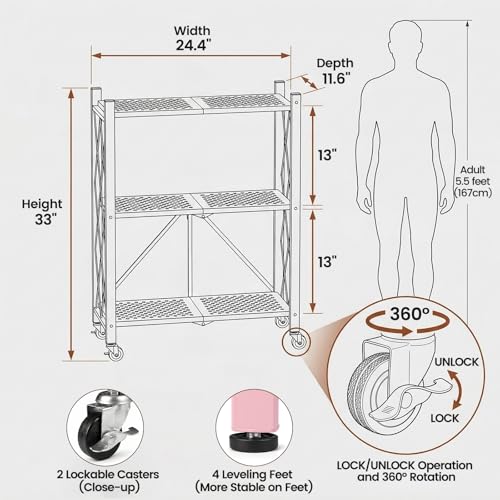 Étagère pliante 3 niveaux rose ALANNG pour rangement maison