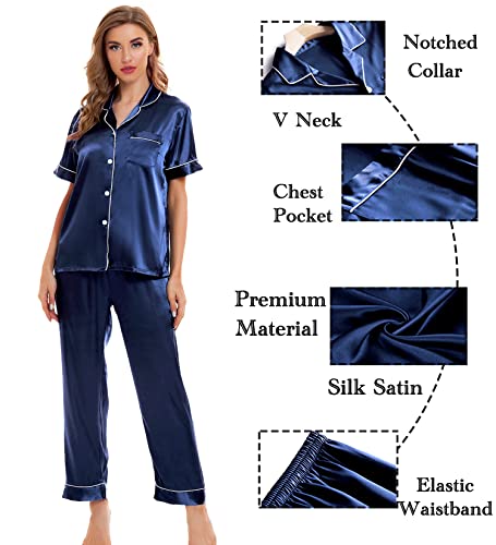 Image of SWOMOG Womens Silk Satin Pajamas Sets 4pcs Sleepwear Sexy Cami Shorts Set and Button Down Short Sleeve Pjs Loungewear