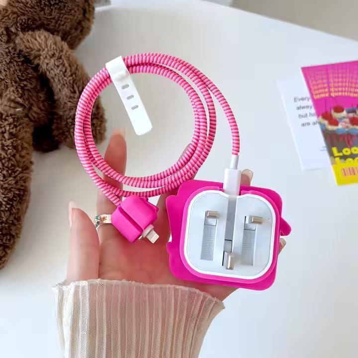 Image of PHONE PALACE 4 in 1 Compatible with Apple iPhone Charger Case Cover | Silicon Charger Case Cover for Apple 18-20W 360 Degree Protection Case with Wire Saver ((Pink Barbie))