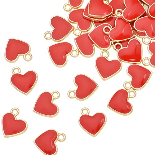 Image of Pack of 80 Side Ring Heart Red Enamel Charms Gold Plated Colored Pendants Hawaii Style Accessories for Necklace Bracelet Jewelry Making DIY Crafting