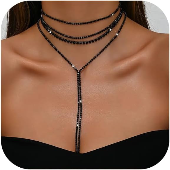 Boho Layered Necklaces for Women Fashion Y Long Neckalce Statement Long Sweater Chain Necklace Black Shiny Choker Necklace Wedding Bridal