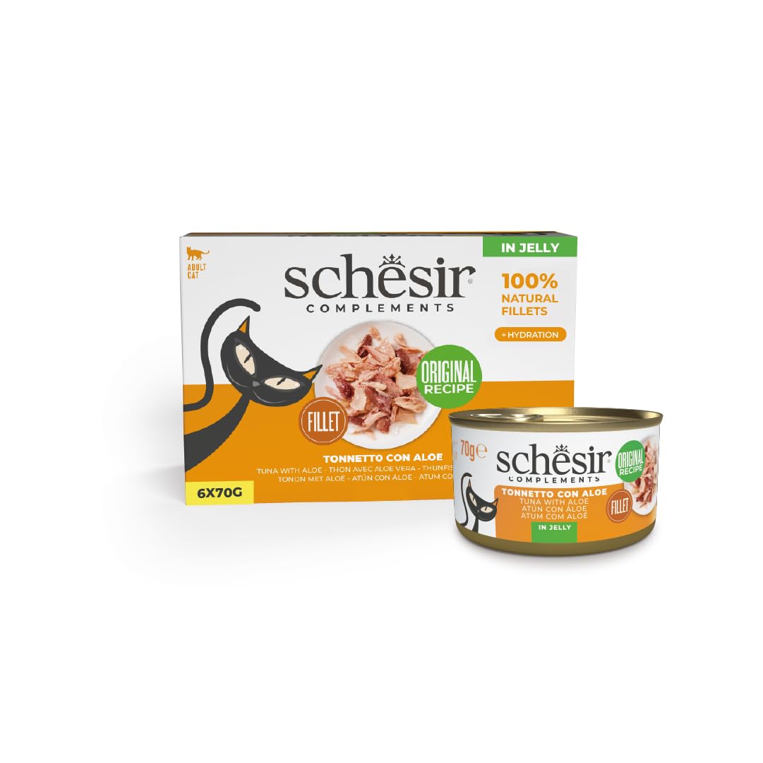 Schesir, Filety z tuńczyka z galaretką aloesową, uzupełniająca mokra karma dla kotów, oryginalna receptura, 100% naturalny, 6 puszek po 70 g