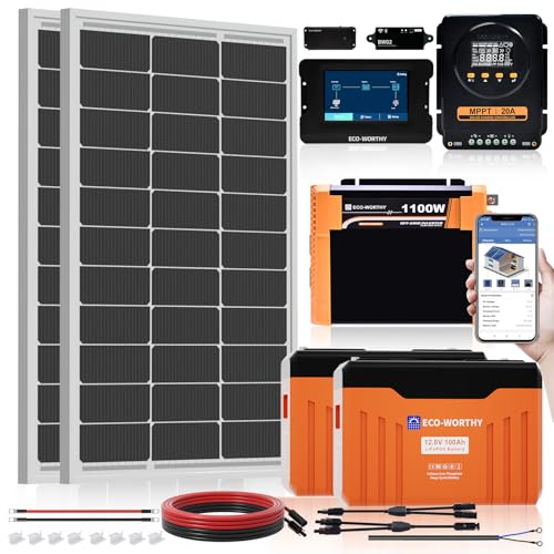 ECO WORTHY 12V 200W Solar Panel kit with Battery and Inverter for RV Off Grid:2PCS 100W Solar...