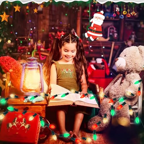 Image of C9 Red White and Green Christmas Lights Outdoor, 25Ft Vintage Christmas String Lights with 26 Multicolor Ceramic Bulbs, Hanging Christmas Decorations Lights Waterproof for Holidays Roofline Party