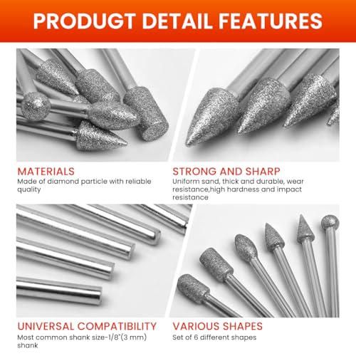 Image of Serplex Diamond Drill Bit Set 20Pcs with 1 /8-inch Shank Compatible with Rotary Tool - 6 Designs Including Flat-faced Head, Spear Tip, Ball Tips, Tapered, Round and Oval Bits for Stone Carving and