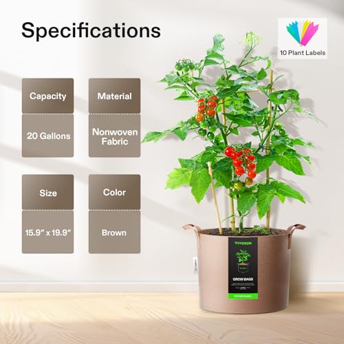 Image of VIVOSUN 5-Pack 20 Gallons Grow Bags Heavy Duty Thickened Nonwoven Fabric Pots with Strap Handles Tan