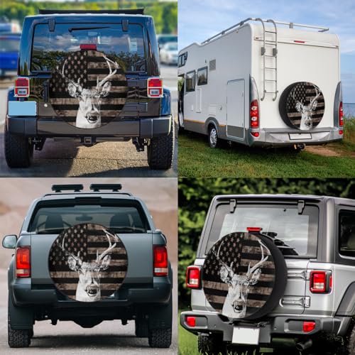 Image of American Flag Camo Tire Covers Protectors Weatherproof Dust-Proof Deer Animal Spare Wheel Cover Fit for Jeep Wrangler RV, SUV, Truck Travel Camper Trailer Vehicle 14 inch