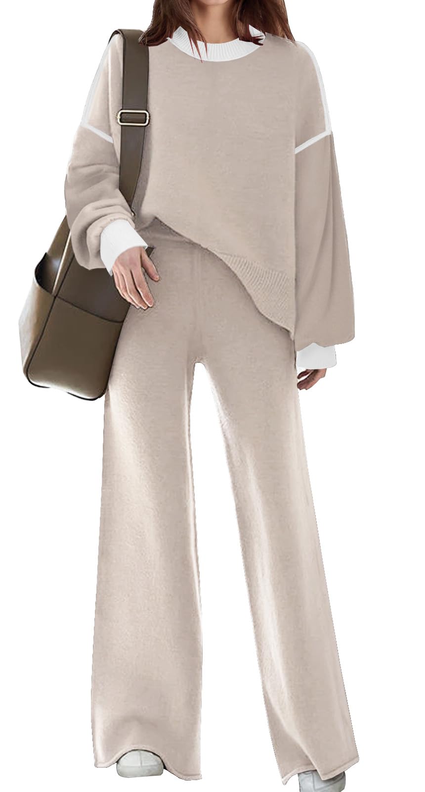 DisamerWomens 2 Piece Outfits Sweater Set Long Sleeve Knit Pullover Sweater Top Wide Leg Pants Lounge Sets