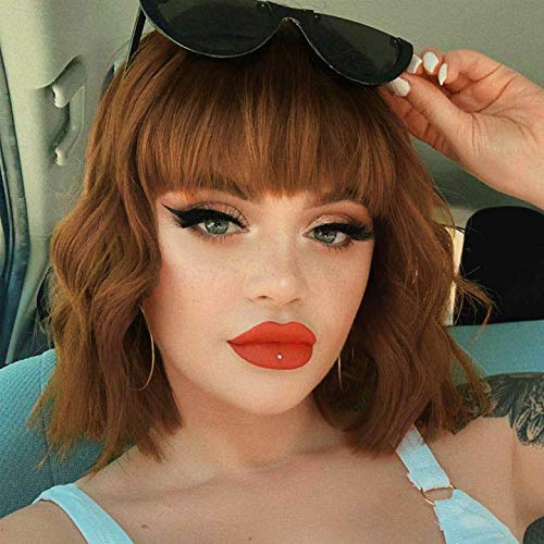 AISI HAIR Short Bob Cut Wavy Weave Hair Wig And Bangs Wavy Bob Natural Hair Products Middle Part Synthetic Heat Resistant Fiber Hair Wigs for Daily Use (Color: R4/30/27#)