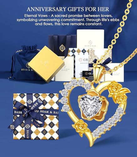 Beam & Bask Rose Flower Love Heart Necklace for Wife, 2-3 Carat Moissanite Women's Pendant, Sterling Silver Plated with 18K Gold, Anniversary Birthday Wedding Jewelry for Girlfriend Soulmate Her - Image 4