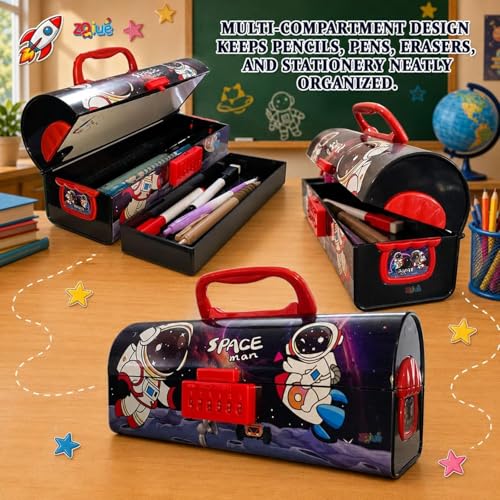 Image of Space Man Compass Box for Kids | Space Astronaut Printed Pencil Box with Number Lock | Large Capacity Stationery Storage Case for School Boys & Girls | Multipurpose Pencil Case