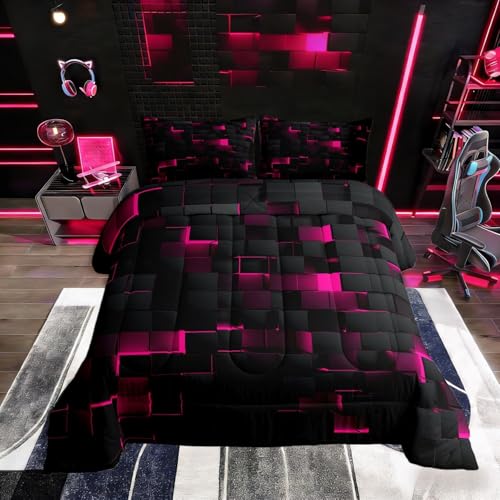 Image of Erosebridal Black Hot Pink Comforter Set Full Neon Geometric Checkered Bedding Set for Girls Teen Women Abstract Stereoscopic Grids Quilt Square Plaid Bed Set 3 Pcs Gamer Room Decor