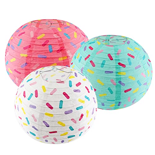 Zorveiio 12 Inch 3 Pcs Decor Donut Paper Lanterns for Party, Hanging Round Sweet Candy Sprinkle Decorations for Birthday, Wedding