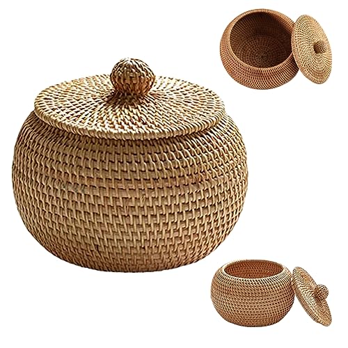 Hemore Caja de ratán redonda de 5.9 pulgadas con tapa, Canasta de ratán decorativa tejida, Cesta de almacenamiento de mimbre para la cocina de la granja doméstica