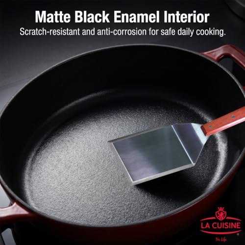 Image of La Cuisine Enameled Cast Iron Braiser Saute Pan Shallow Dutch Oven with Golden Knob for Lid Internal Matt Black Enamel 3.75 QT 11 inch / 28cm O Oven-Safe 550F /276C, Cranberry