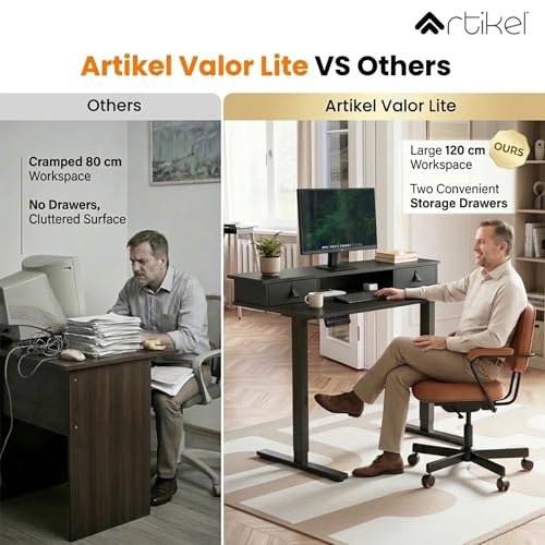 Image of ARTIKEL Valor Lite Electric Height Adjustable Standing Desk with Storage Drawers & Shelves| Sit-Stand Desk for Home Office |Ergonomic Workspace Table|120x60cm|Black