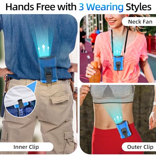 Picozon Ventilator mit Clip, 4 Geschwindigkeiten, 4000 mAh, batteriebetrieben, freihändig, tragbarer Halskettenventilator für Hitzewallungen, Zuhause, Büro, Reisen, Outdoor-Sport, Blau