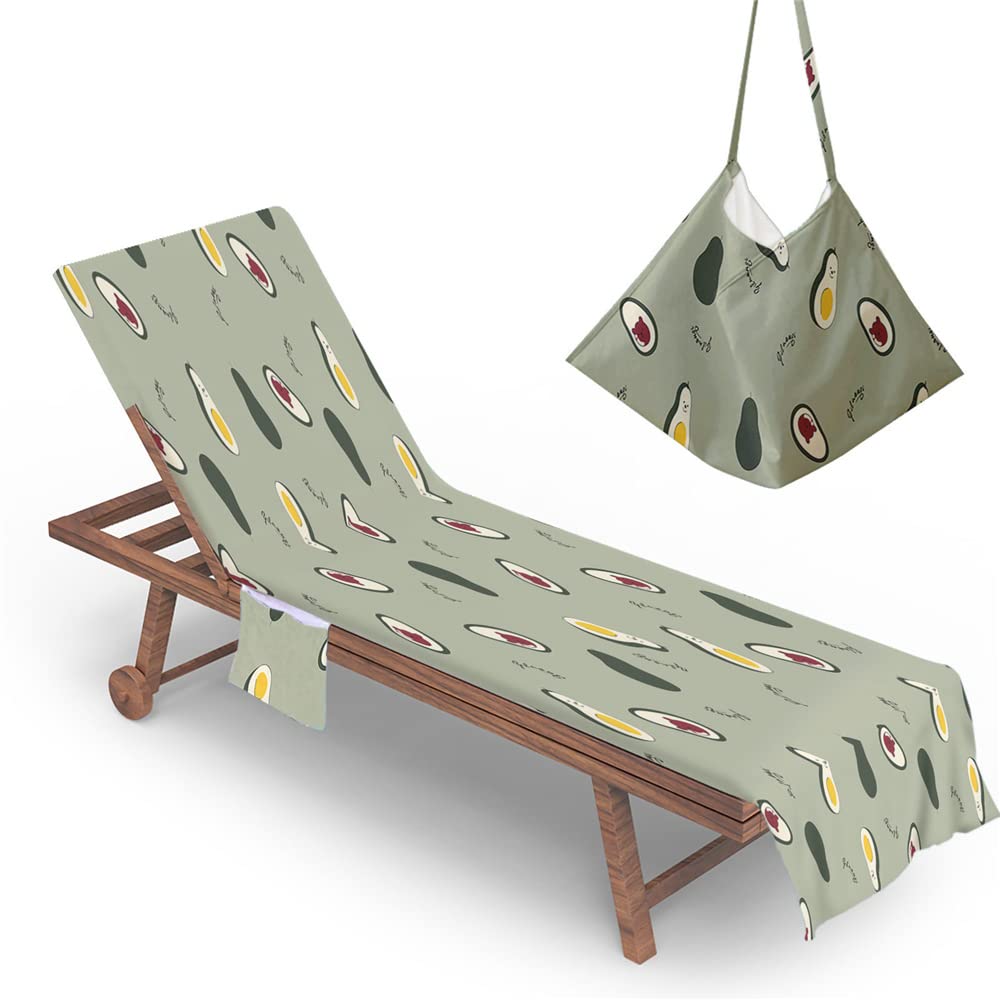 RRrawgff Beach Chair Cover Towel, Fashion Avocado Print Beach Towel Lounger Bags with Pockets, Microfiber Sunbed Sun Lounger Towels for Summer Outdoor Garden Pool Travel (Gray Green,73x210cm)