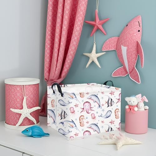 Image of Rectangular Ocean Basket for Kids Baby Basket for Boys and Girls Cute Toy Storage Organizer Bin Box Sea Fishes Room Decor(Sea Fishes)