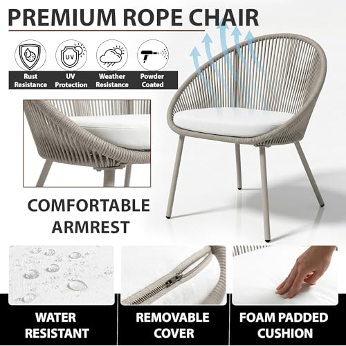 Image of BRISHI Garden Patio Seating Chair and Table Set Outdoor Balcony Garden Coffee Table Set Furniture with 1 Table and 2 Chairs Set with Cushion Braid & Rope (Light Grey.)