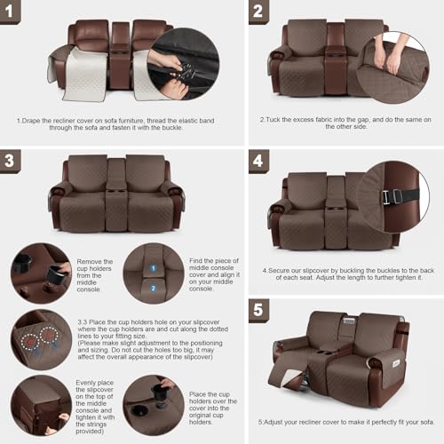 Image of KinCam 100% Waterproof Recliner Loveseat Cover with Console, Non-Slip Reclining Couch Covers for 2 Seat, Recliner Sofa Cover Furniture Protector with Elastic Straps for Kids, Pets, Brown
