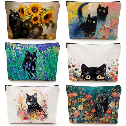 CHENGU 6 Pcs Cat Canvas Makeup Bag Black Cat Cosmetic Bags with Zipper