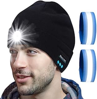 Cikyner Bluetooth Beanie Hat, Led Beanie Hat Musical Knitted Cap Headphones with Built-in Stereo Speakers & Mic Rechargeable Running Lights with 2 Reflective Armbands for Running, Camping, Hiking