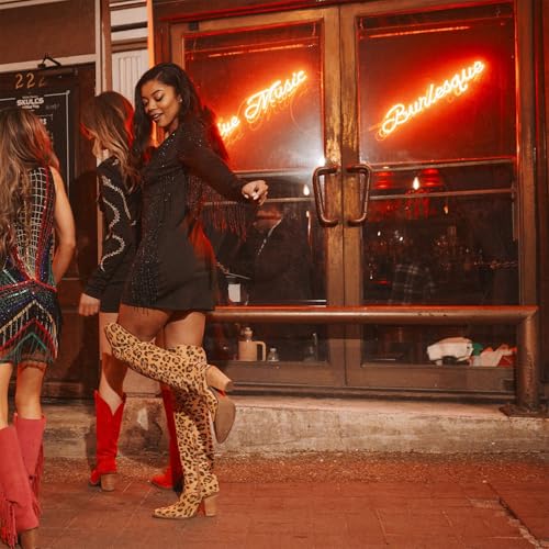 Thigh High Cowboy Boots for Women Leopard Print Pointed Toe Chunky Heel Over The Knee Cowgirl Western Boots whit Side Zipper3