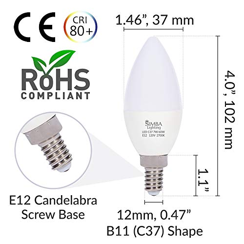 Simba Lighting LED Candelabra Light Bulbs B11 (C37) Candle Shape E12 Base (6 Pack) | Decorative 7W 60W Replacement 110V, 120V for Chandelier, Ceiling Fan, PC Cover, Non-Dimmable, Warm White 2700K