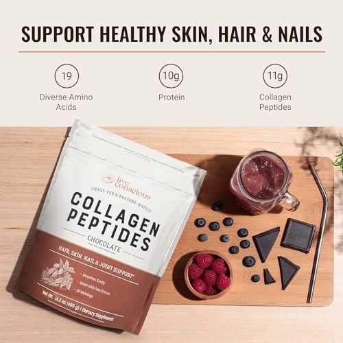 Image of Live Conscious Collagen Peptides Powder - Chocolate Collagen Powder - Hair, Skin, Nail, and Joint Support - Type I & III Grass-Fed Collagen Supplements for Women and Men (2-Pack)