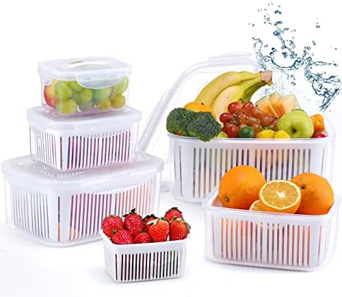 Luxear Fresh Food Storage Containers for Fridge, 5 Pack Fridge Storage Keep Fresh Produce Saver Microwave Safe BPA Free with Colander, Vegetable Lettuce Salad Fruit Containers for Fridge, White