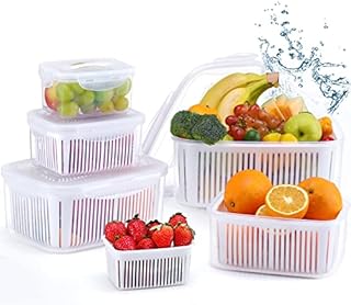 Luxear Fresh Food Storage Containers for Fridge, 5 Pack Fridge Storage Keep Fresh Produce Saver Microwave Safe BPA Free with Colander, Vegetable Lettuce Salad Fruit Containers for Fridge, White