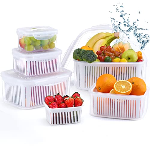 Luxear Lot De 5 Boîte Rangement Frigo, Boîte De Conservation Alimentaire Fraîcheur Passant au Micro-Ondes Lave-Vaisselle avec Passoire, Récipient Bac...