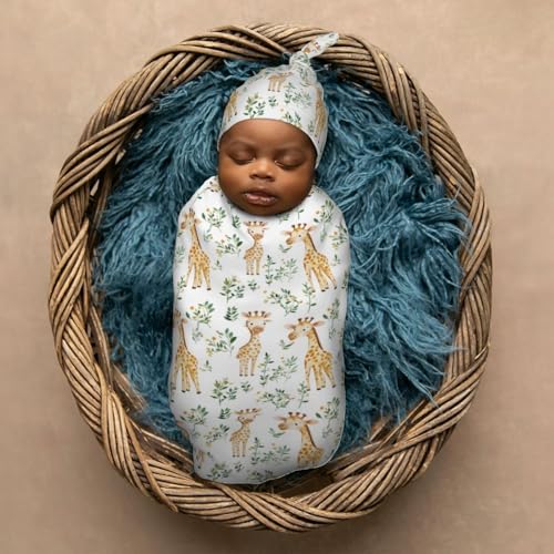 Image of Giraffe Watercolor Newborn Swaddle Blankets Hat Sets Soft Baby Receiving Blanket Swaddle Sack for Baby Shower Infant Boy Girl Gift