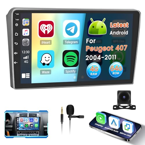 Inefala 4+64G Radio para Peugeot 407 2004-2011 Android con Wireless Carplay y Android Auto, 9'' Pantalla Táctil Estéreo Radio con Dab Bluetooth 59UI HiFi GPS FM/RDS SWC AHD Cámara Inversa