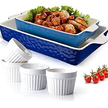 Ceramic Baking Dish and Ramekins Set Casserole Dish with Handles Packaging Upgrade Nonstick Ceramic Bakeware Ramekins Bowls for Baking Souffle, Cooking, Cakes, Lasagna & Gift, Blue