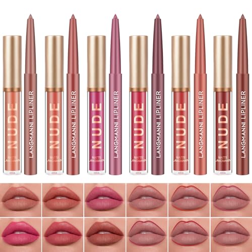 Juego de Maquillaje de Lápices Labiales，12 Piezas Lápiz Labial Líquido Mate con Delineador de Labios，6 Líquidos Mate y 6 Delineadores de Labios, Kit de Brillo de Labios de Terciopelo