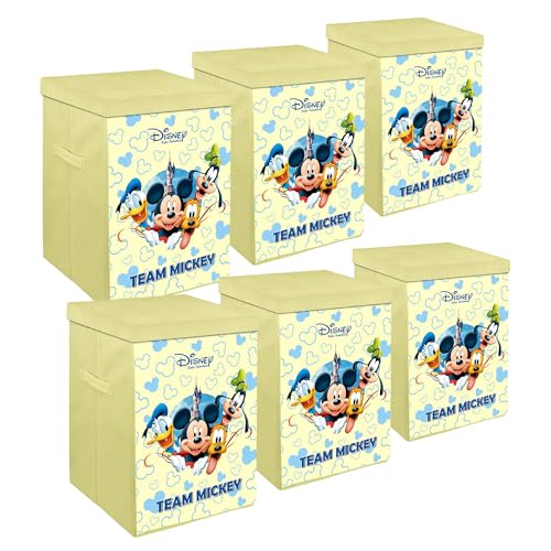 Kuber Industries Pack of 6 Foldable Laundry Basket for Clothes with Lid | Disney Mickey Team Print | Cloth Storage Box for Washing | Toy Storage Organizer | 45 LTR | Cream