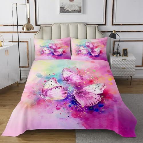 Erosebridal Girls Pink Butterfly Quilt Set,Colorful Tie Dyed Coverlet Set Rainbow Watercolor Bedding Twin 3D Girly Butterflies Decorations Bedspread Set,Chic Bedroom Decor for Women 2Pcs Green Blue