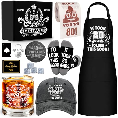 80th Birthday Gifts for Men Whiskey Glass Set, 80th Birthday Party Supplies with 11 Oz...