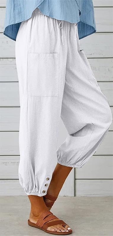 Womens Capri Pants Cotton Linen Cropped Trousers Summer Wide Leg Drawstring High Waist Palazzo Pants with Pockets - Image 3