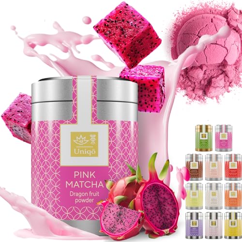 Tea Uniqo Pink Matcha Tee Pulver Ideal zum Trinken für Eis Latte Shakes Backen oder Kochen Drachenfrucht Pulver 100% natürlich in Dose Superfood aus Pitaya